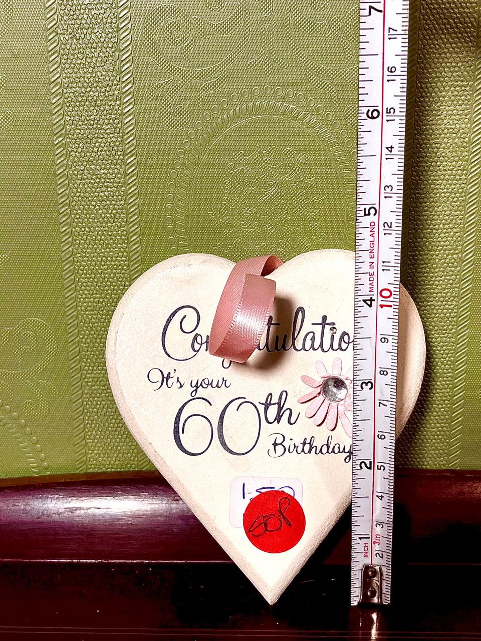 60th Birthday Heart Hanging Plaque Cream Pink 11cm