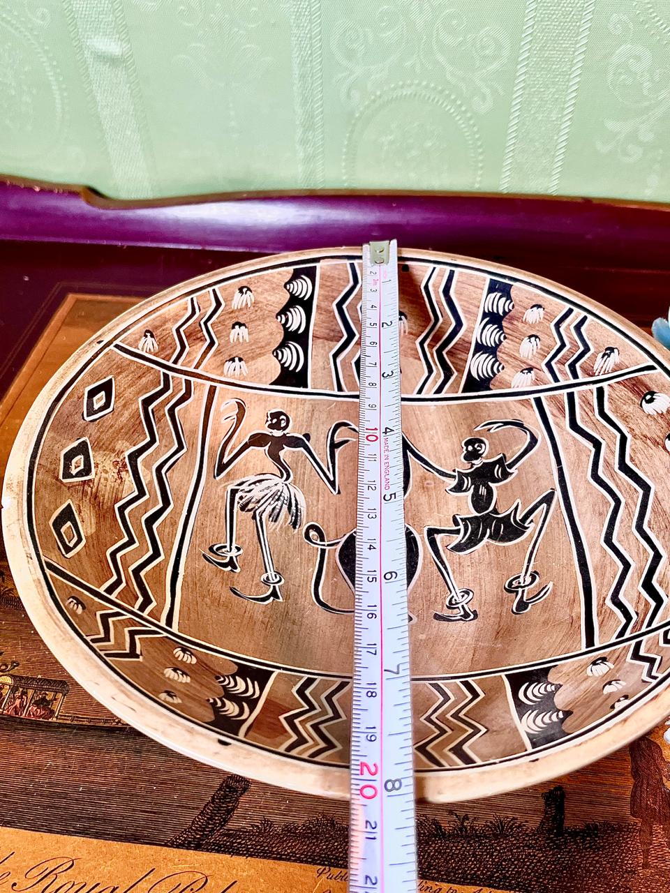 Vintage Pottery Bowl with Figurative & Geometric Design 8 Inch