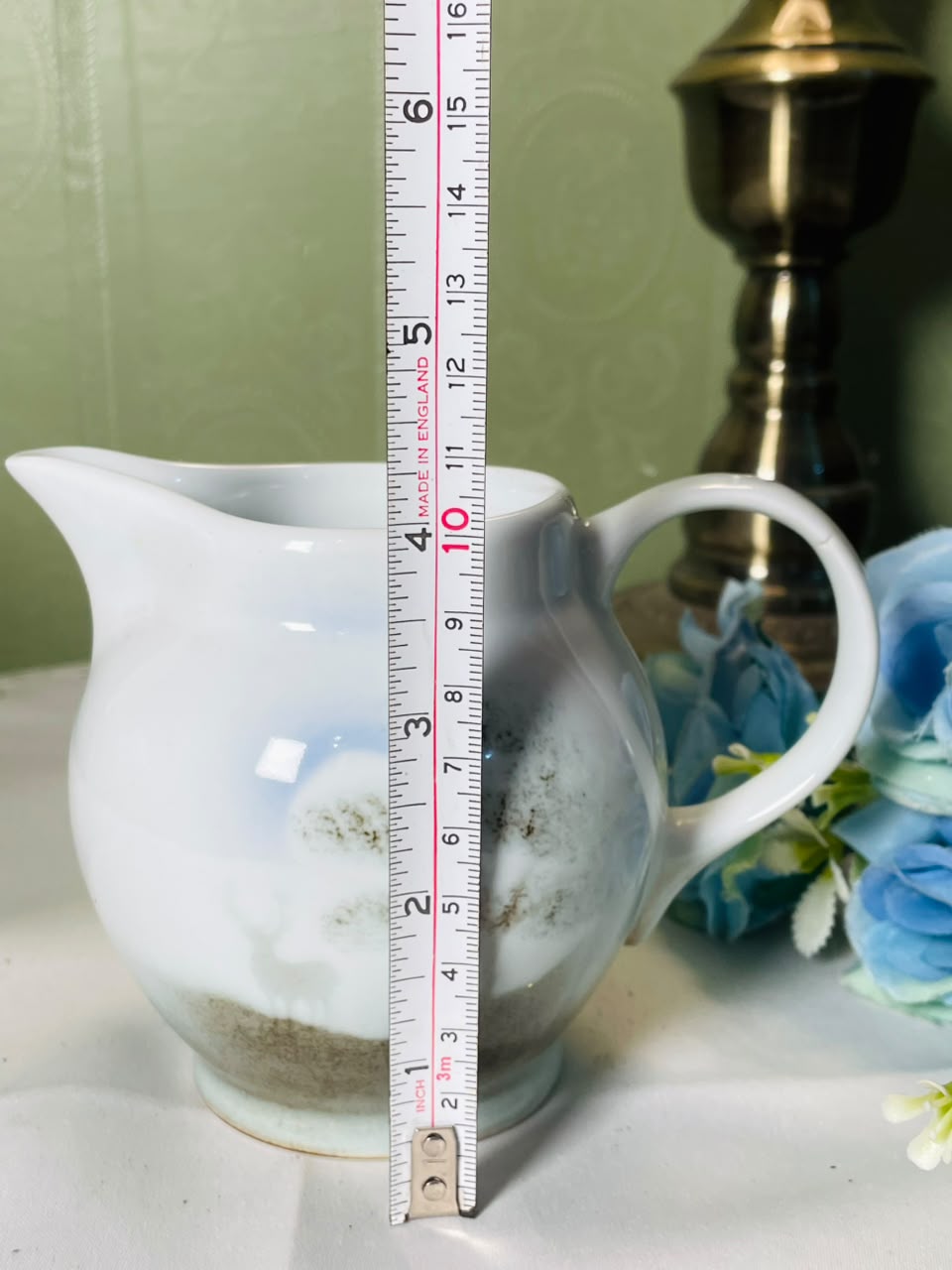 Vintage White & Pale Blue Ceramic Jug, 11 cm