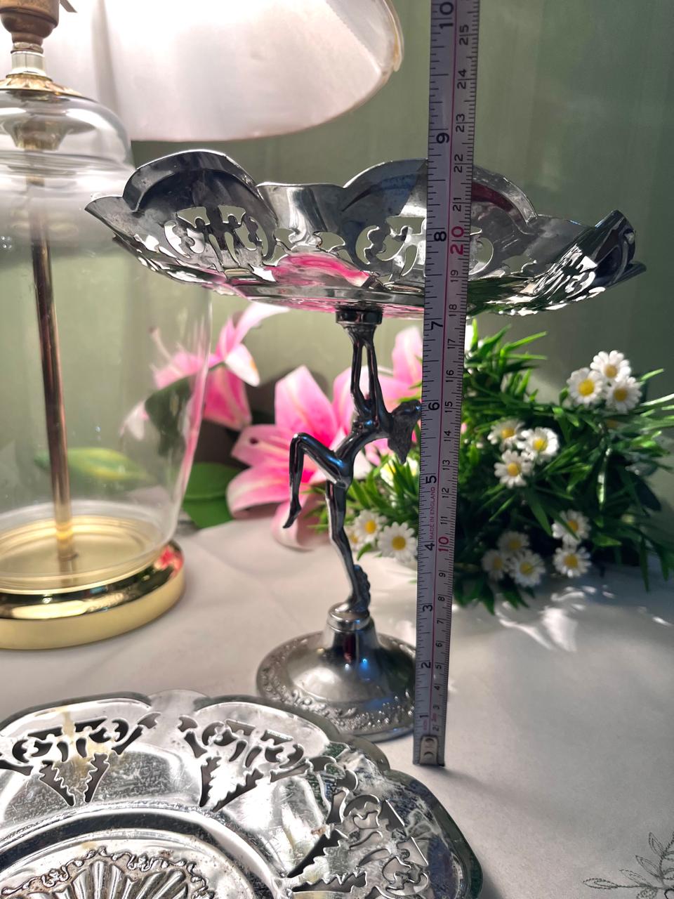 Vintage Silver-Tone Figurine Serving Stand 9 Inch 2 Piece