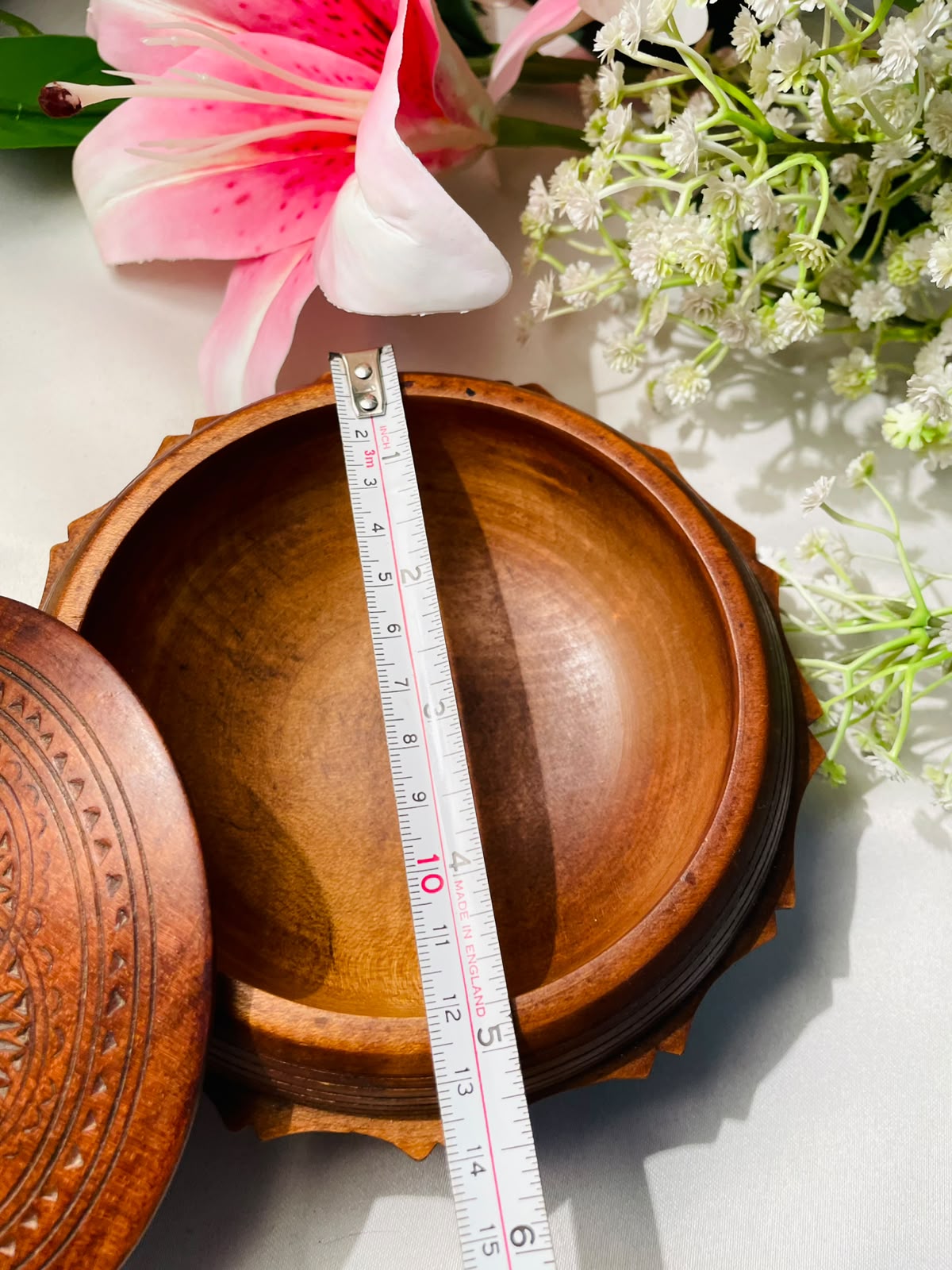 Carved Wooden Lidded Serving Bowl – Approx. 5 Inches