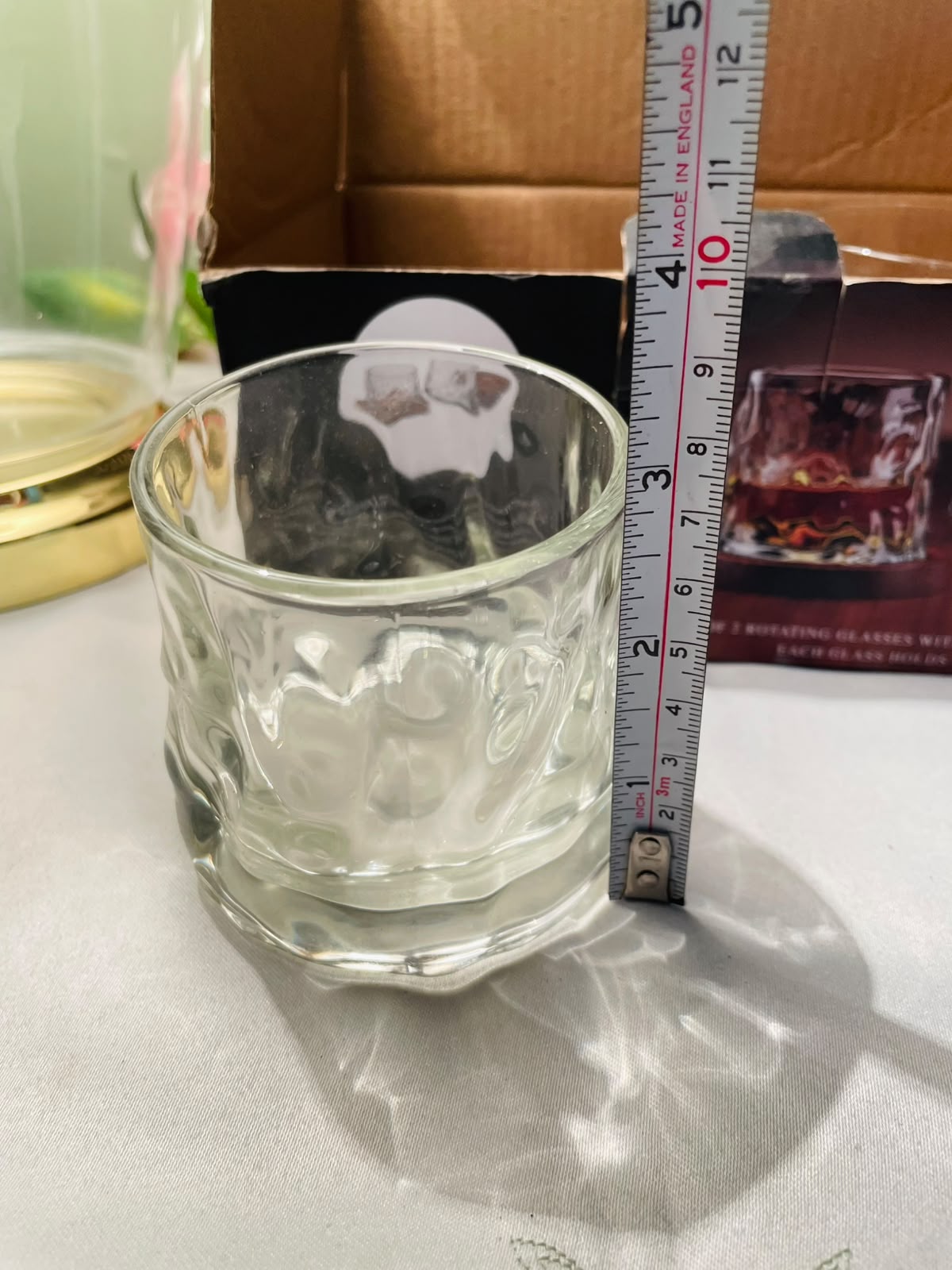 Clear Crystal Rotating Tumblers with Wooden Coasters – 4 Piece Set