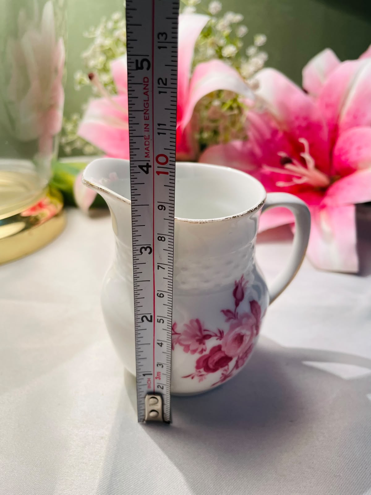 Vintage White Pink Floral Milk Jug Silver Rim 9 cm