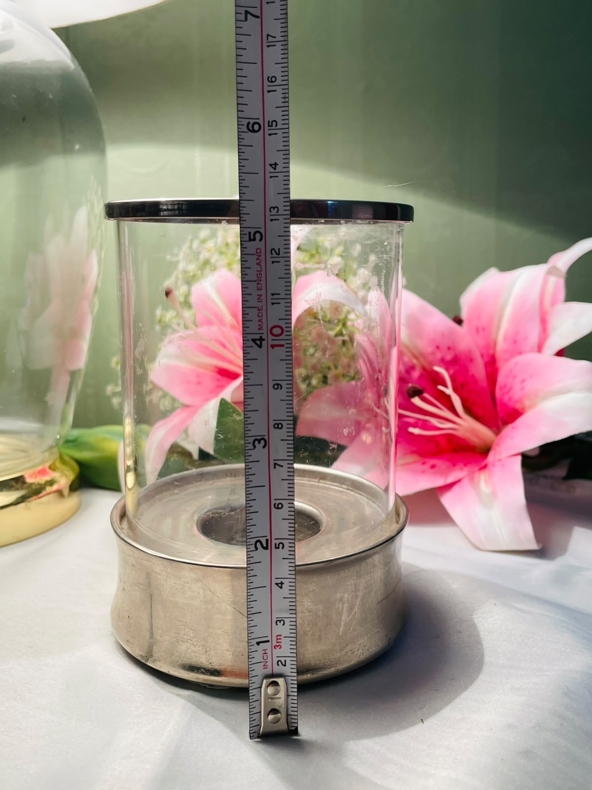 Vintage Glass & Metal Candle Holder Display 13 cm