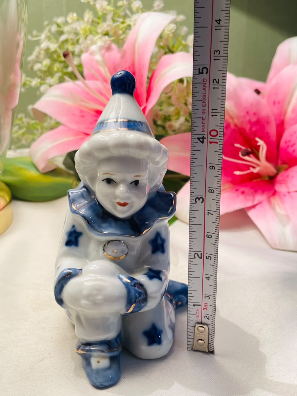 Vintage Blue & White Porcelain Clown Figurine 12 cm