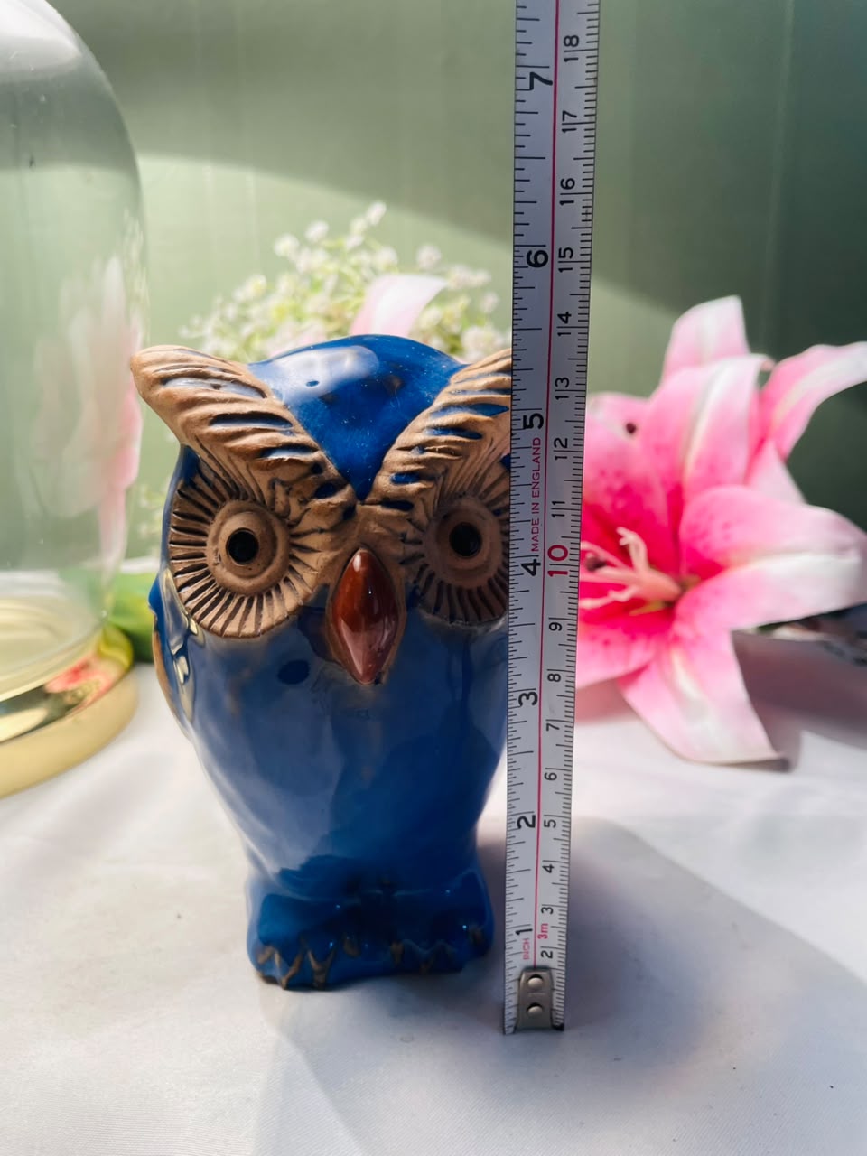 Blue Ceramic Owl Figurine Decorative Ornament 13 cm