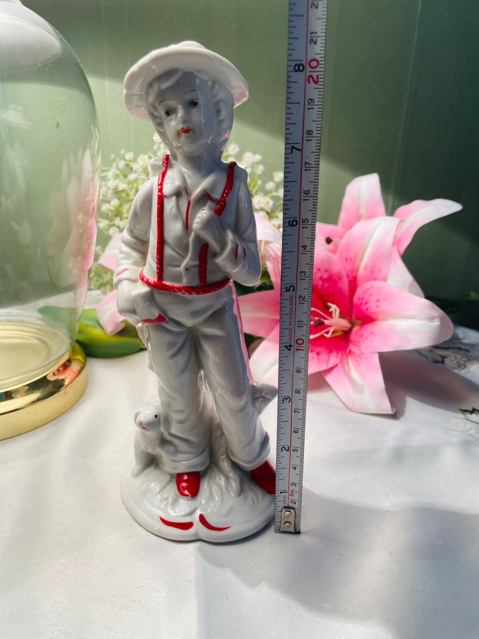 Boy with Dog Decorative Figurine White & Red Approx. 8 Inch