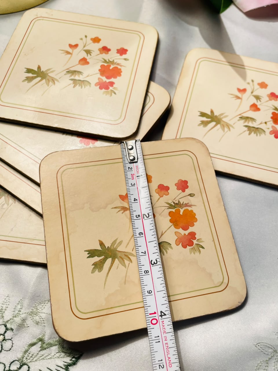 6-Piece Floral Cork-Backed Coaster Set Cream & Orange 4 Inch