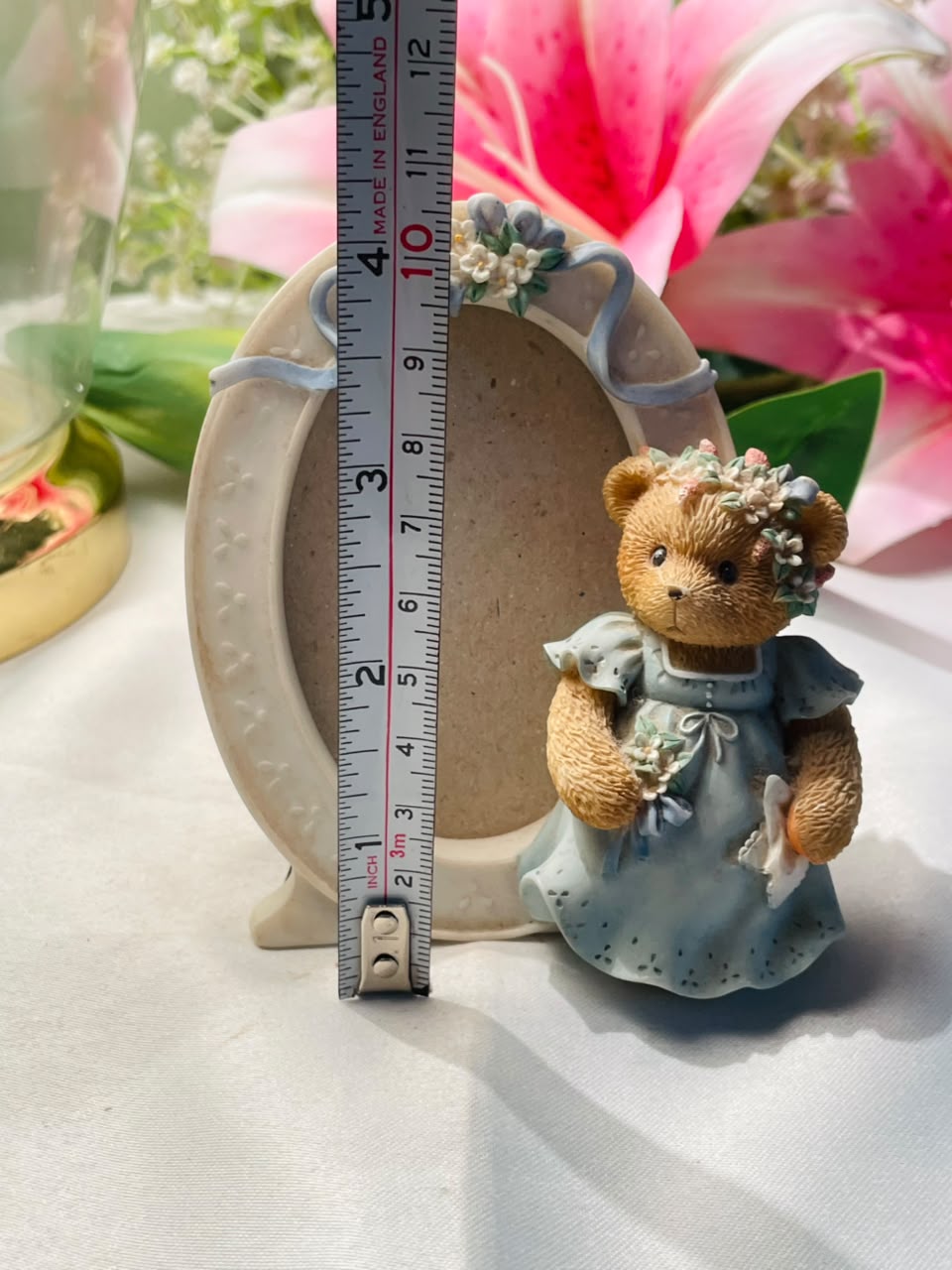Teddy Bear Floral Oval Photo Frame Blue Approx. 4 Inch