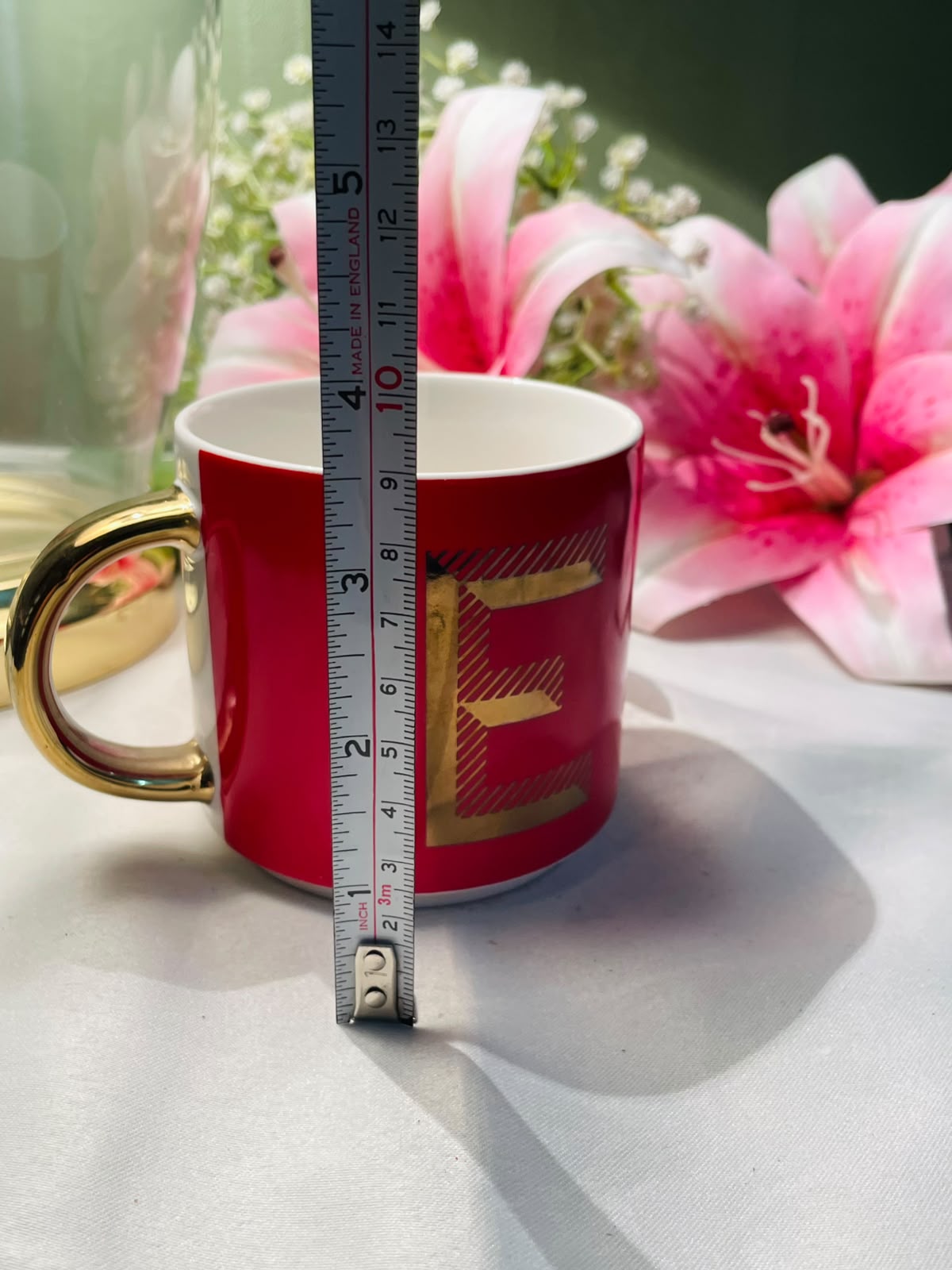 Vintage Red Initial E Ceramic Mug Gold Handle 9cm