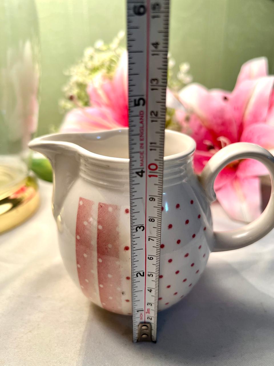 Vintage White Ceramic Jug Pink Polka Dot Design 10cm