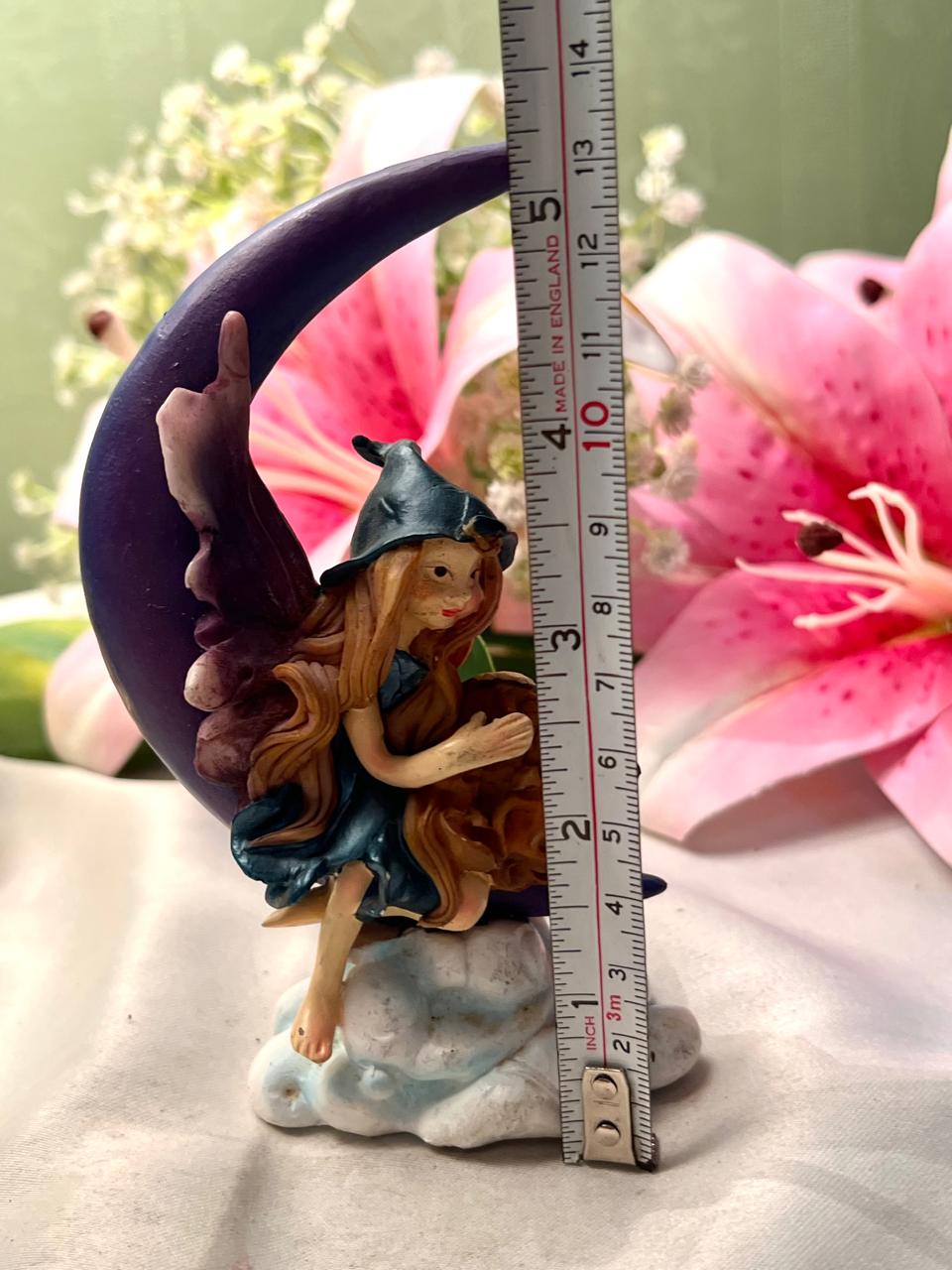 Vintage Crescent Moon Fairy Figurine Purple Blue 13cm