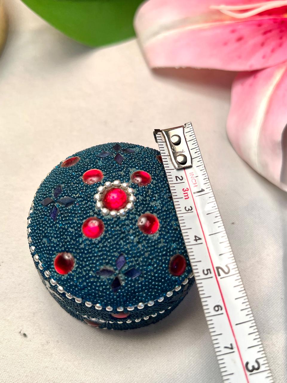 Vintage Teal Beaded Trinket Box Red Jewel Detail 6cm