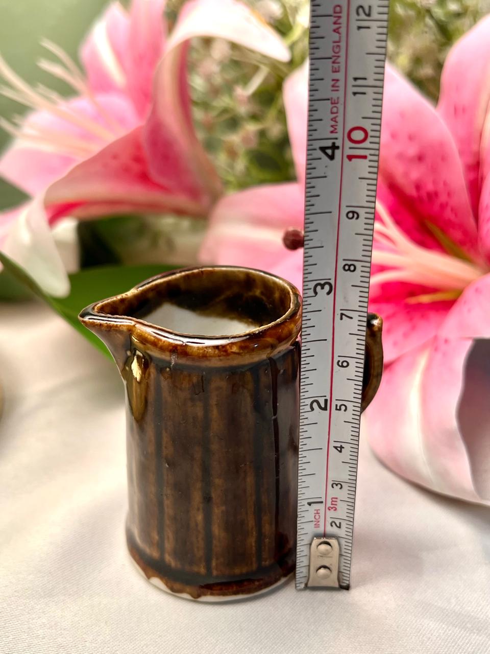 Vintage Brown Ceramic Milk Jug Ribbed Glaze 8cm