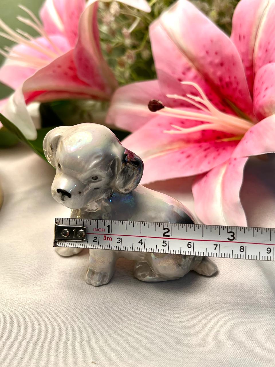 Vintage Ceramic Puppy Figurine Grey White 9cm