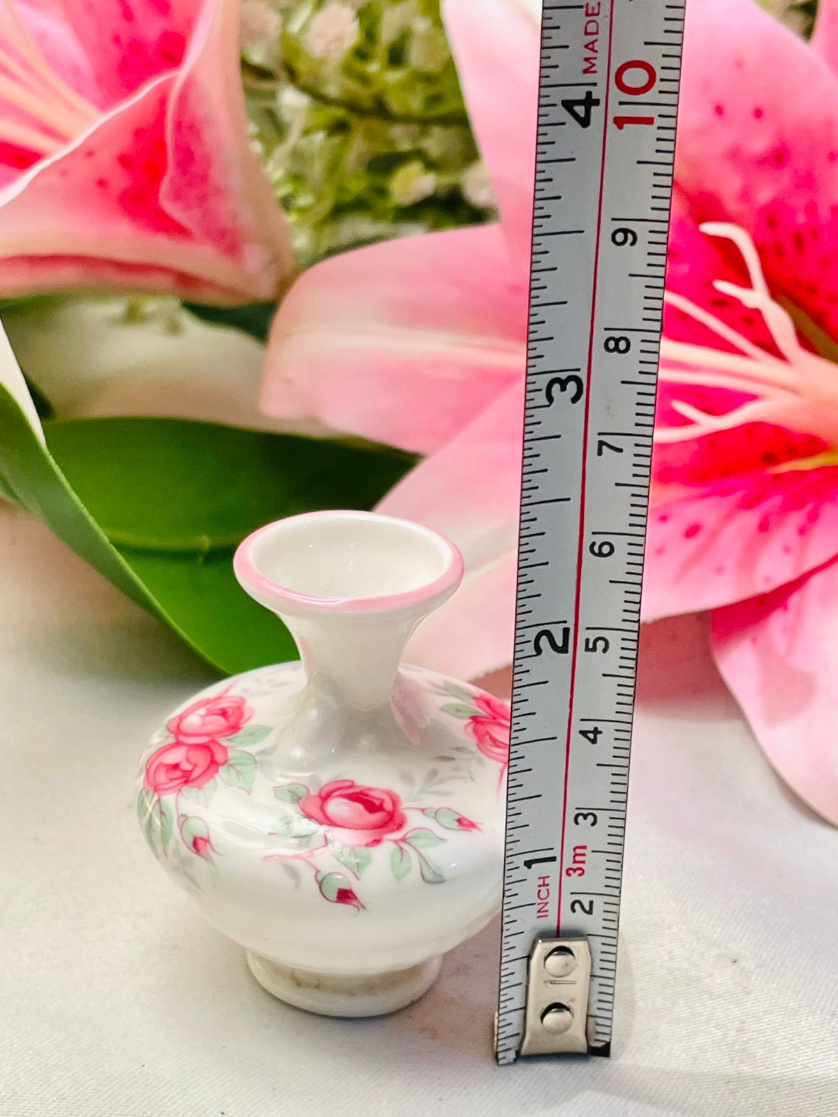 Vintage Miniature Floral Vase with Pink Rose Design