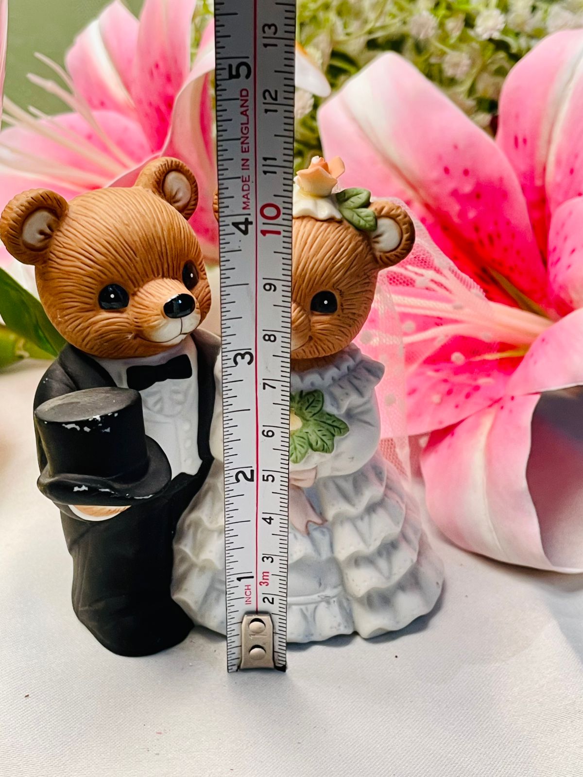 Vintage Wedding Teddy Bear Figurine Pair Bride & Groom 11cm