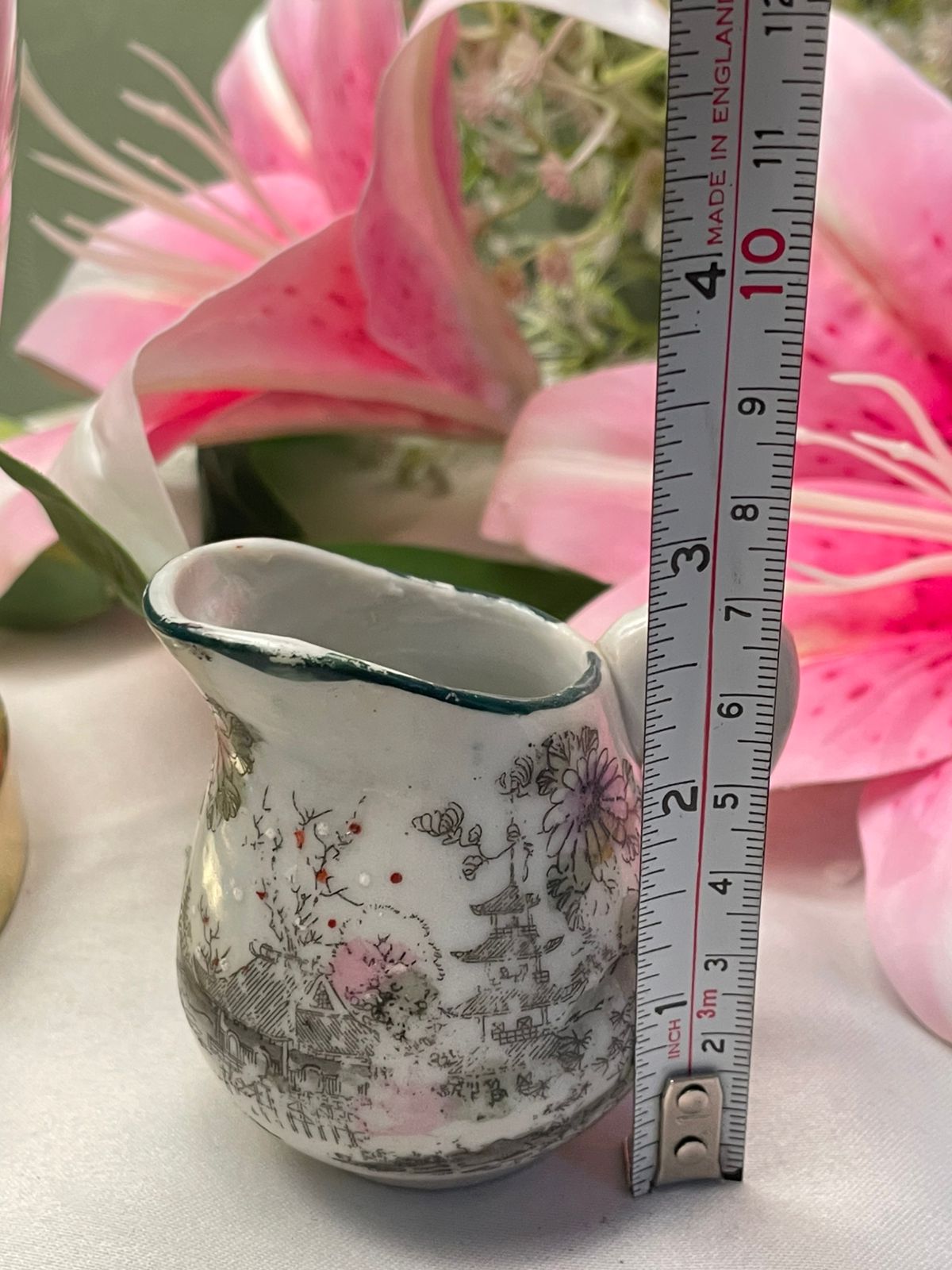 White japaness Ceramic Mini Jug with Oriental Floral Scene, 7 cm
