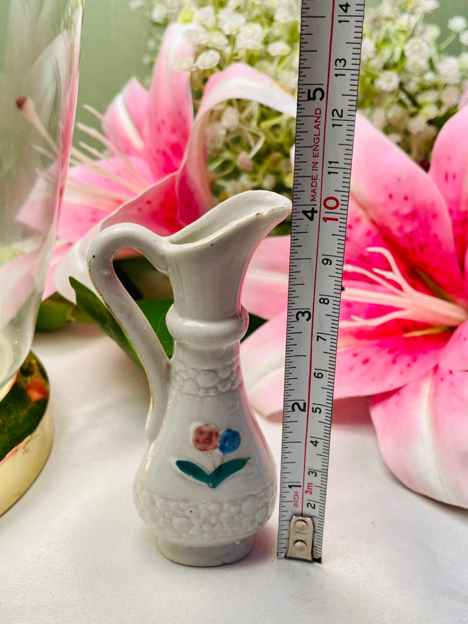 Vintage White Ceramic Floral Jug Textured 4 Inch