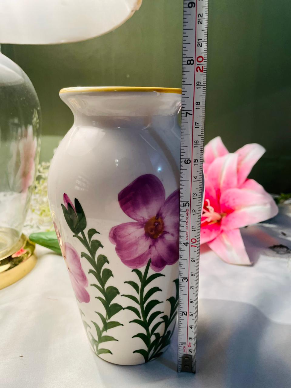 Hand painted White Floral Vase with Purple Flowers & Gold Rim Approx. 18 cm