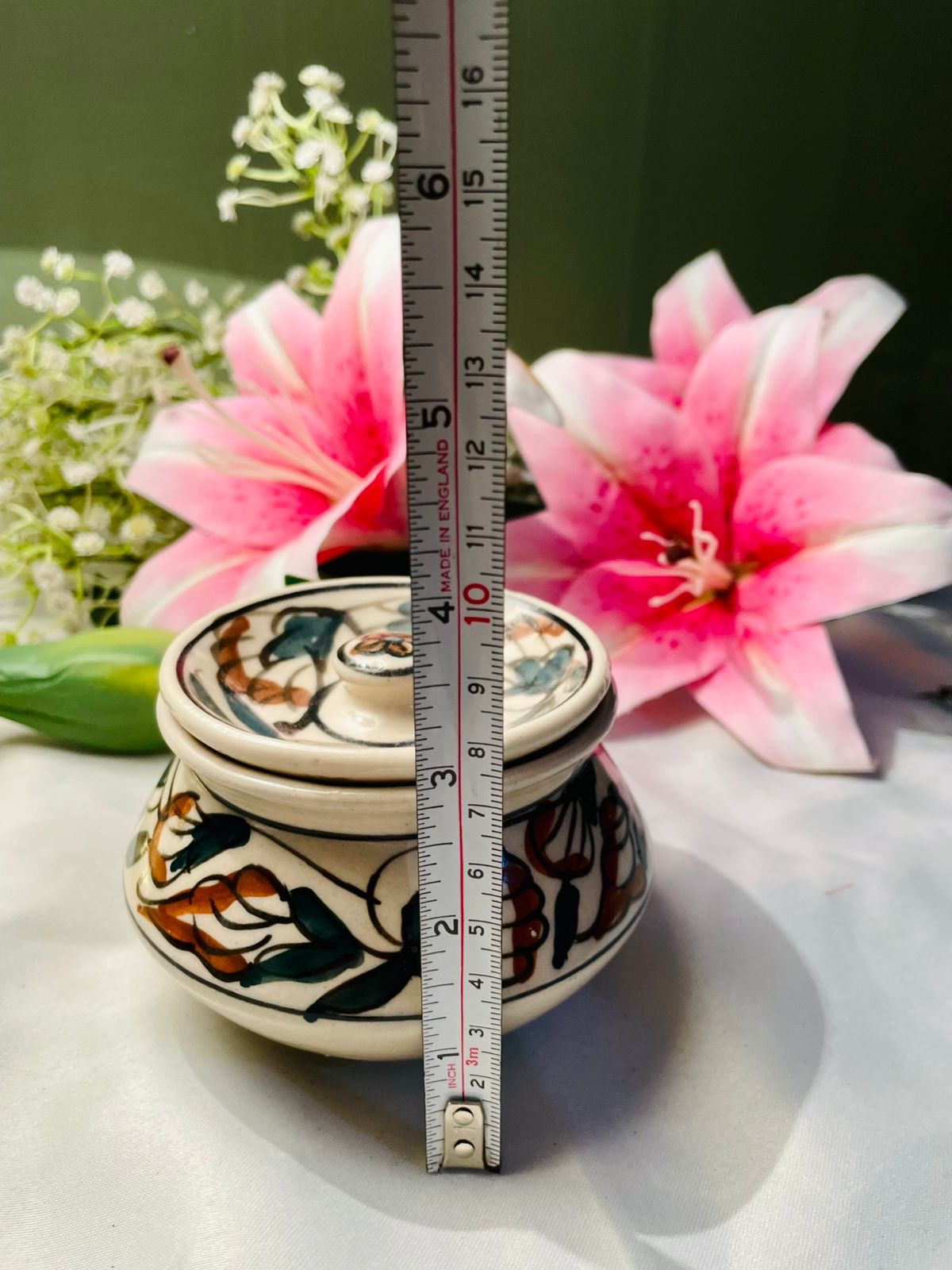 Hand Painted Floral Ceramic Lidded Pot Approx. 9 cm