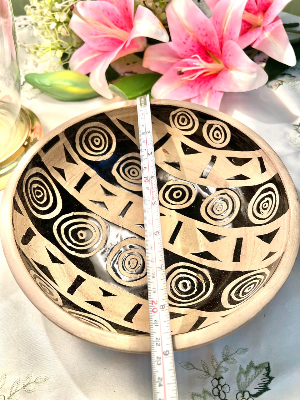 Vintage Hand Painted Black & Beige Geometric Serving Bowl 9