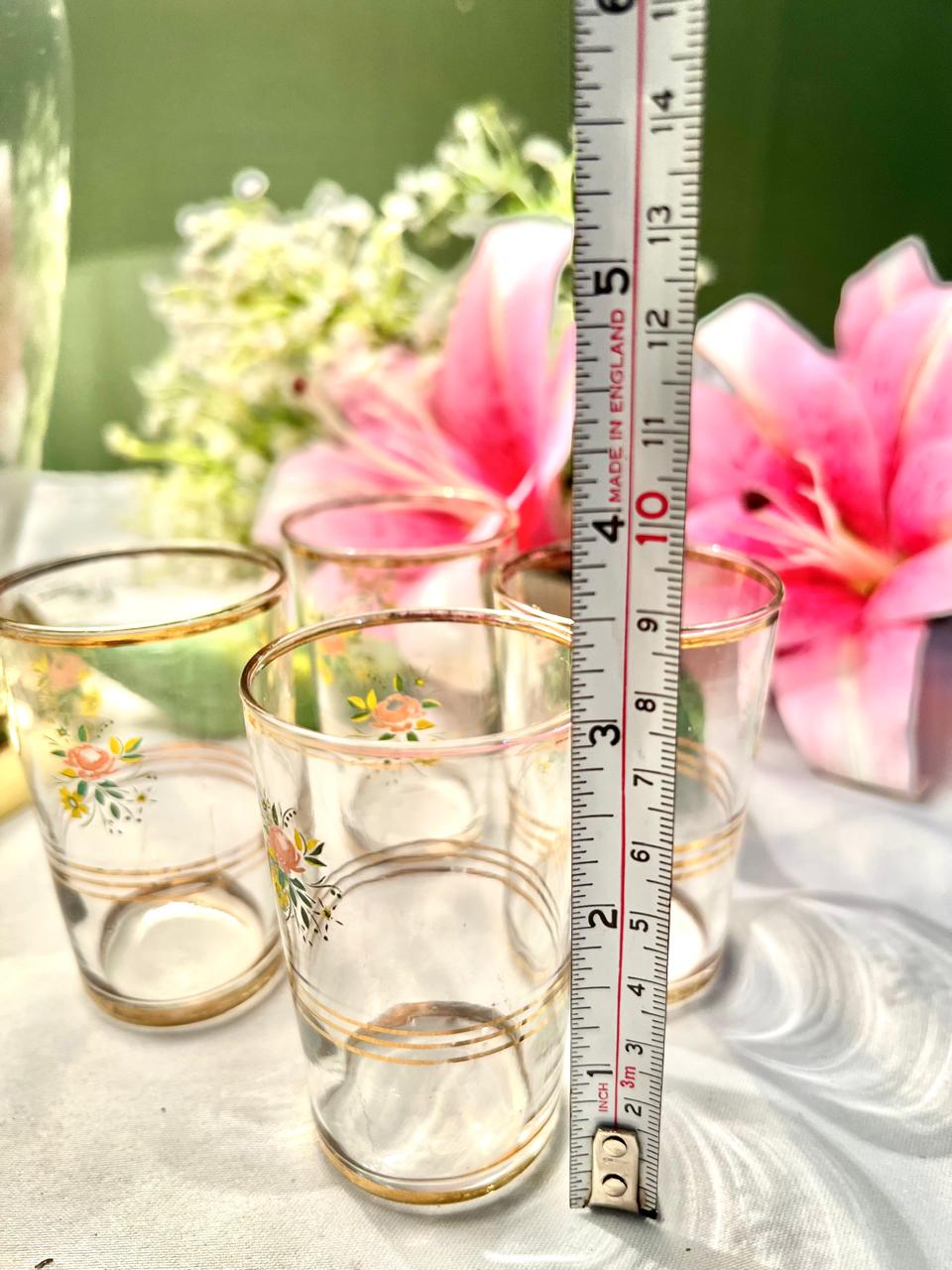 Vintage Floral Clear Crystal Tumblers Gold Trim Set of 4