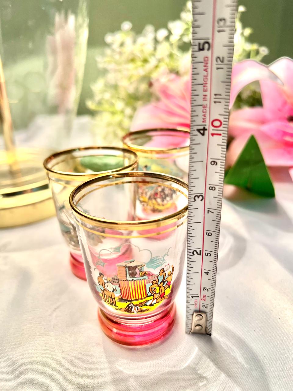 Vintage Scenic Crystal Tumblers Pink Base Set of 3