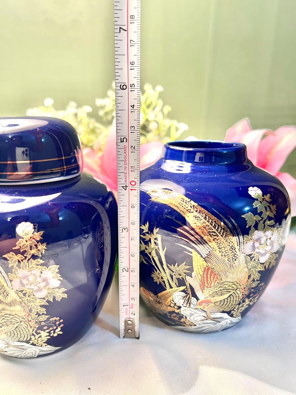 RARE FIND Cobalt Blue Bird & Floral Ginger Jars Set of 2