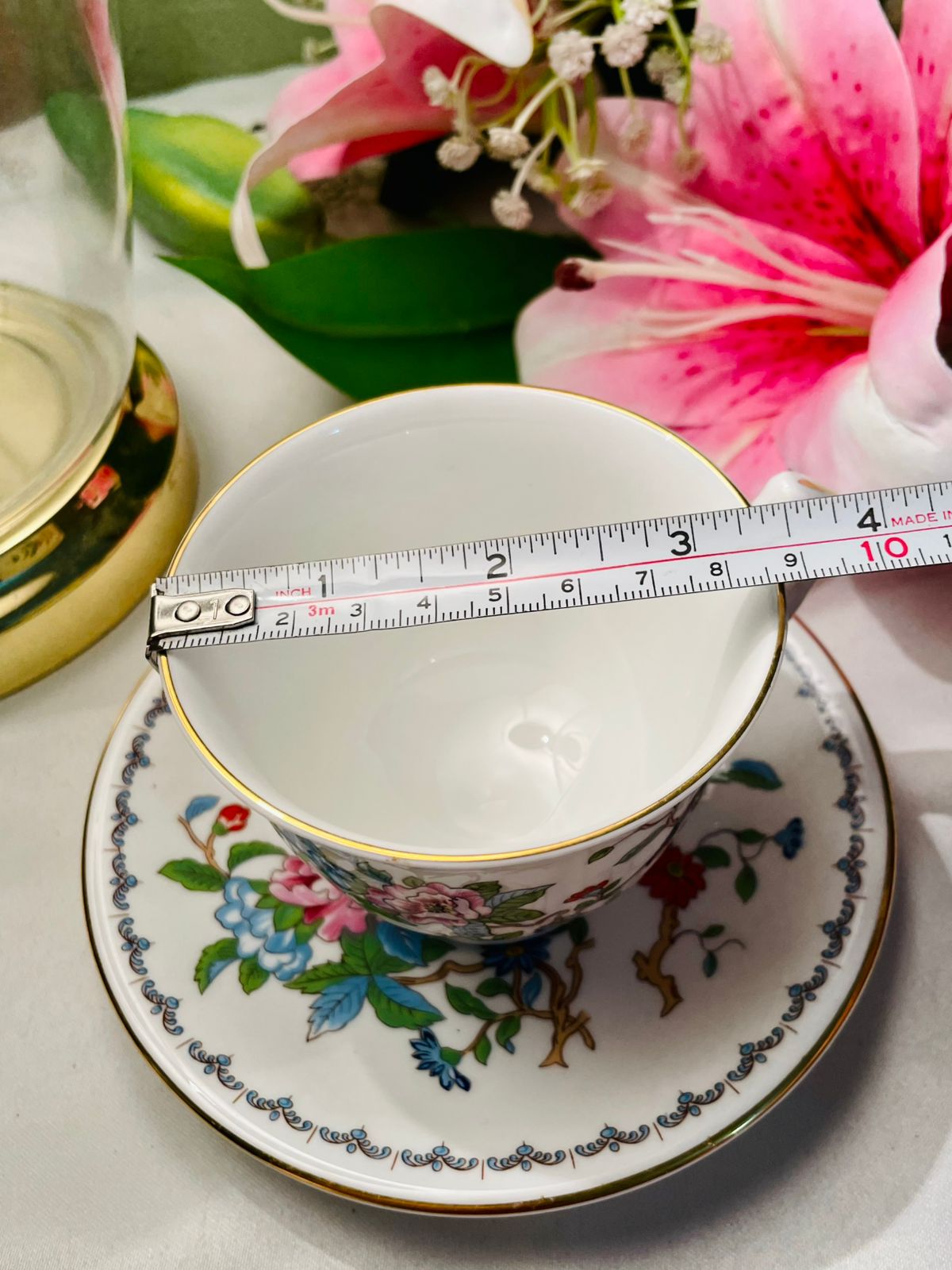 Aynsley Floral Bird Teacup & Saucer Gold Trim 2 Piece