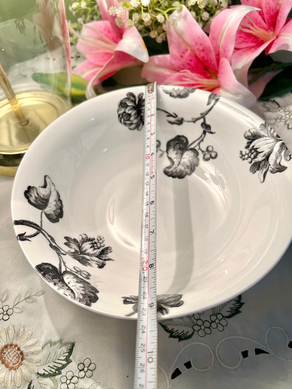 Vintage Black Floral Serving Bowl White