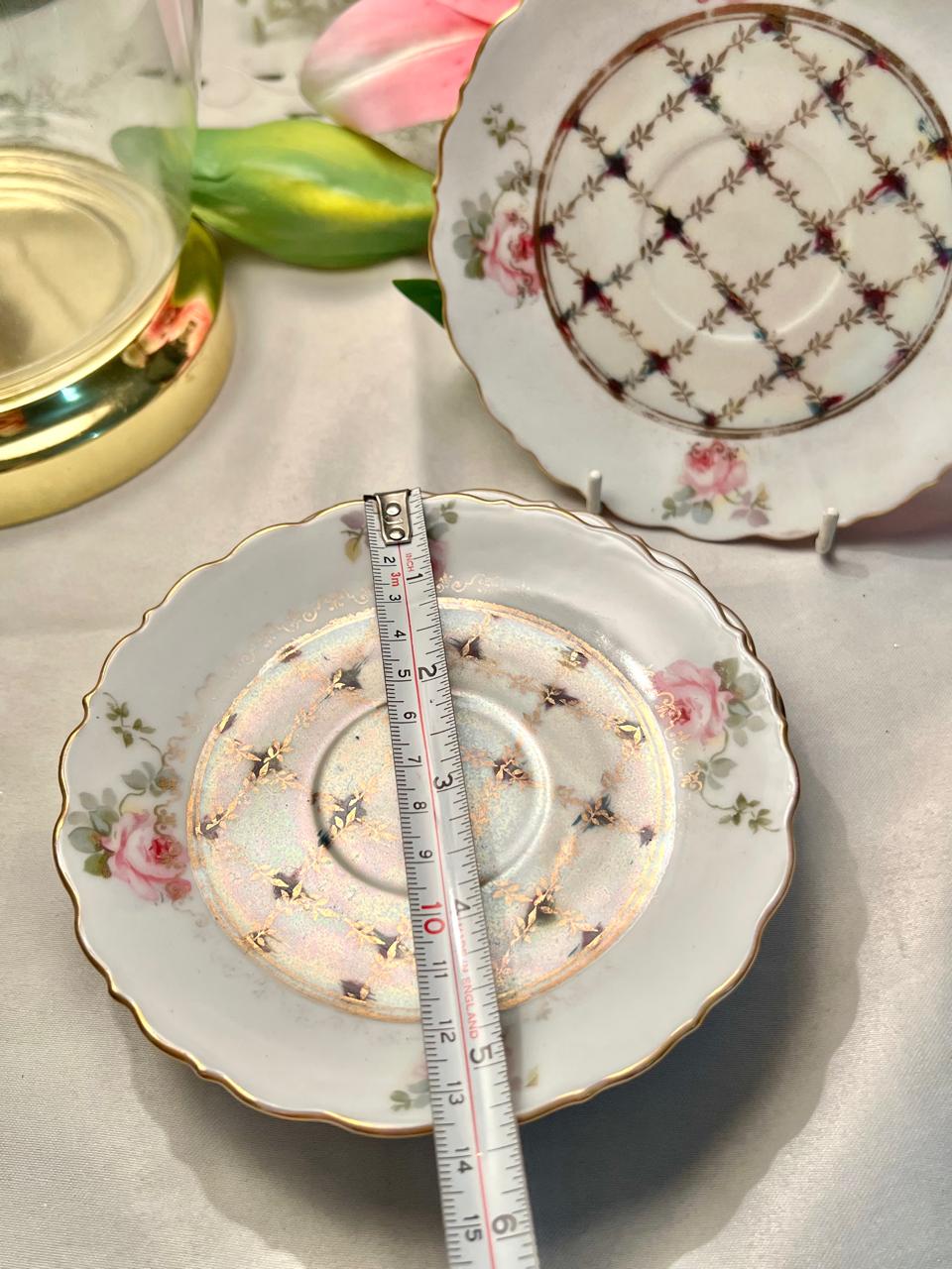 Vintage Pink Rose Lattice Plates Gold Trim Set of 4