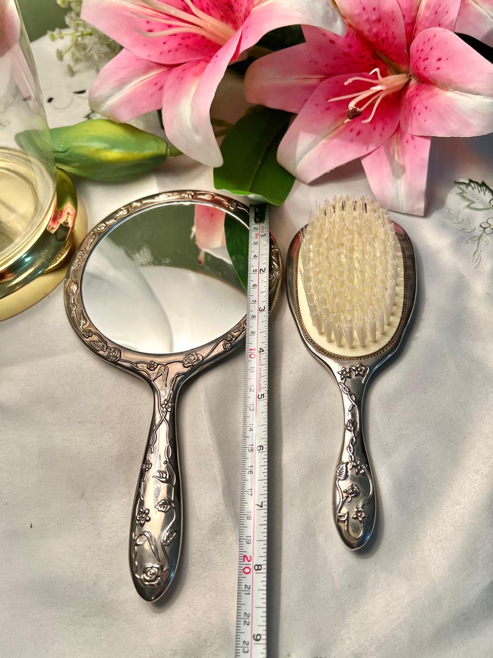 Antique Silver Floral Hand Mirror & Hair Brush Set 2pc 8 in