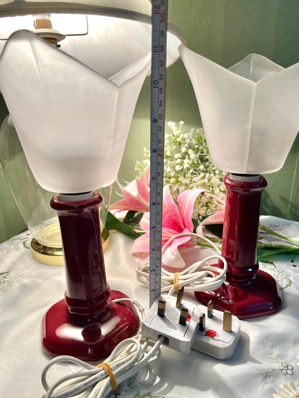 Burgundy Table Lamps with Frosted Shades 2-Piece Set Approx. 30 cm