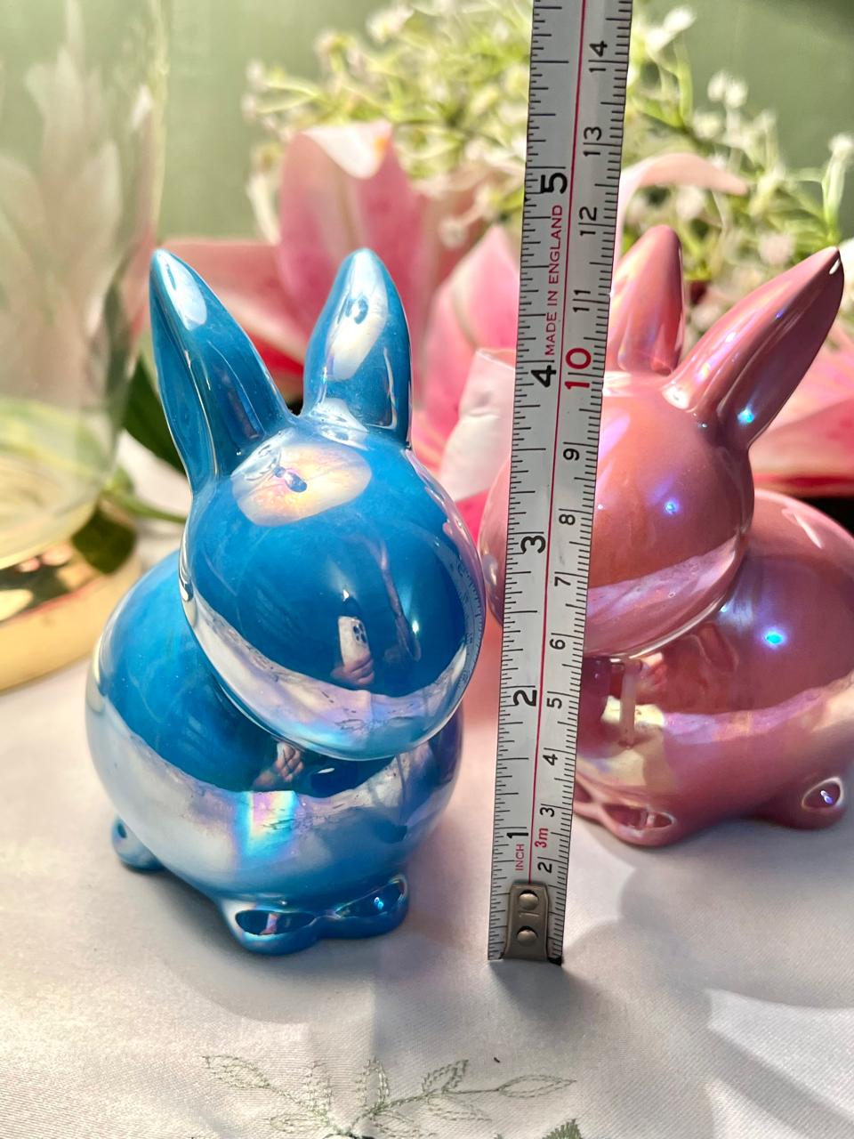 Blue & Pink Iridescent Rabbit Figurines 2-Piece Set Approx. 11 cm
