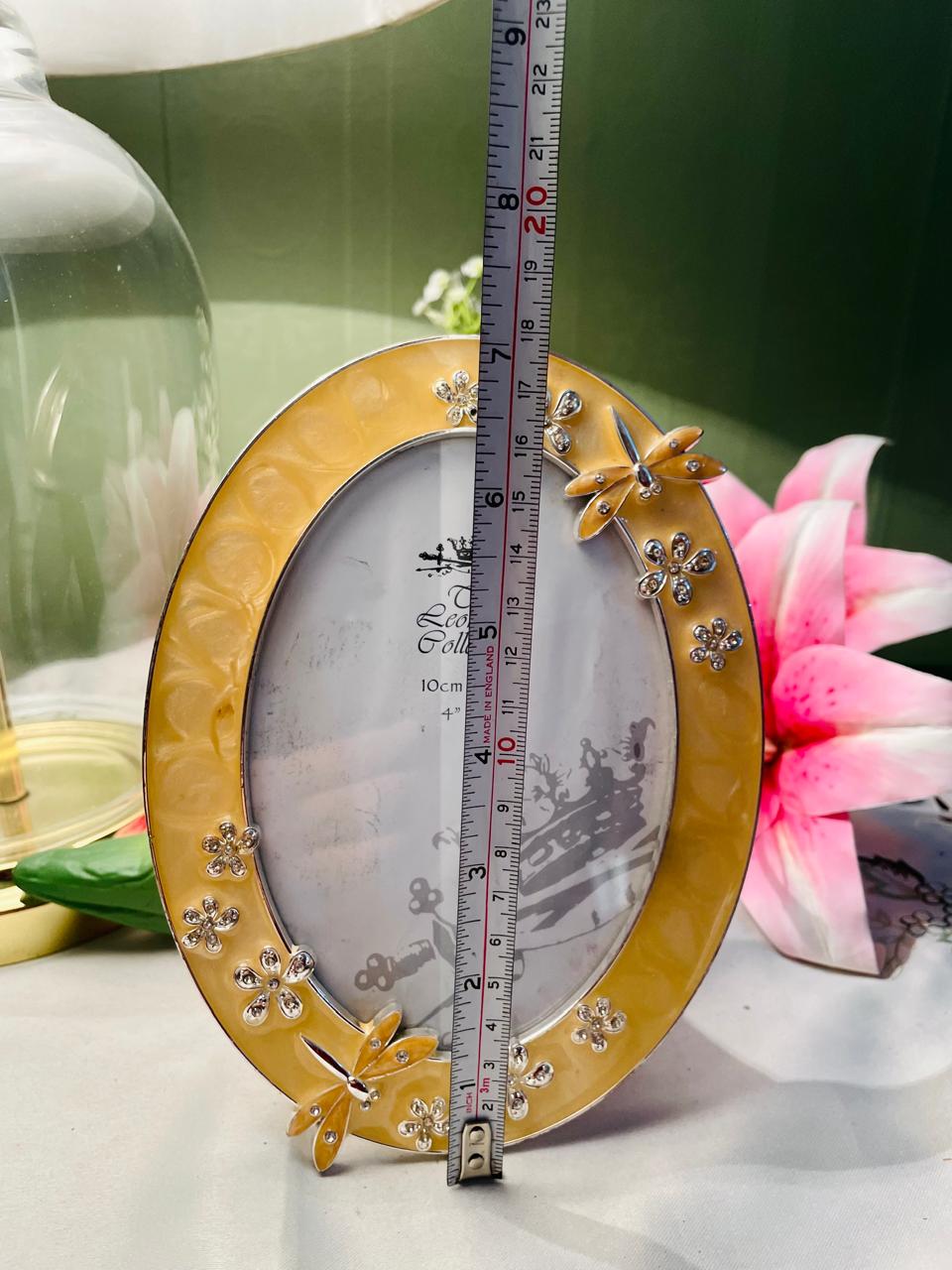 Yellow Oval Photo Frame with Floral & Butterfly Detail – 7 in