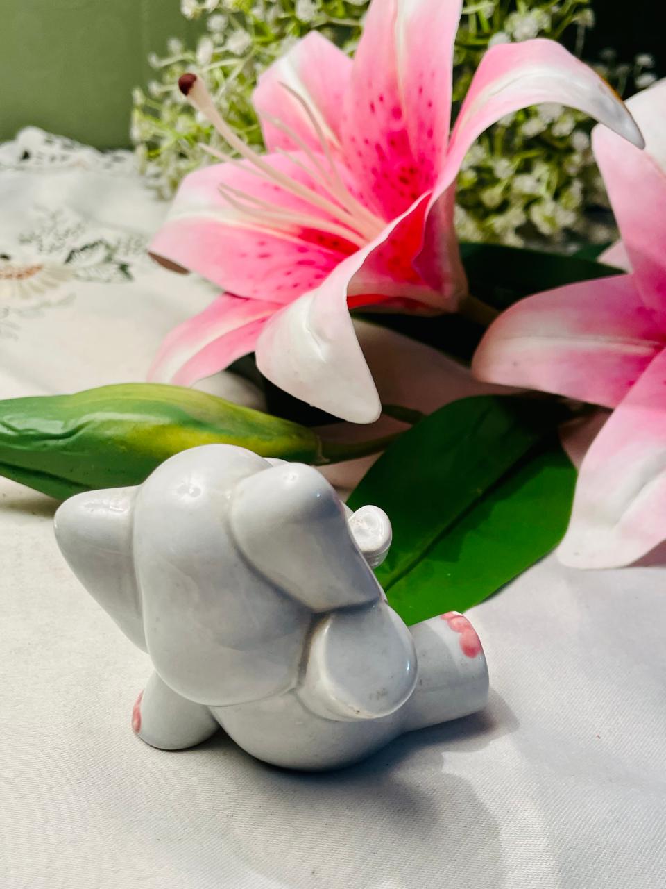White & Pink Elephant Miniature Decor Figurine