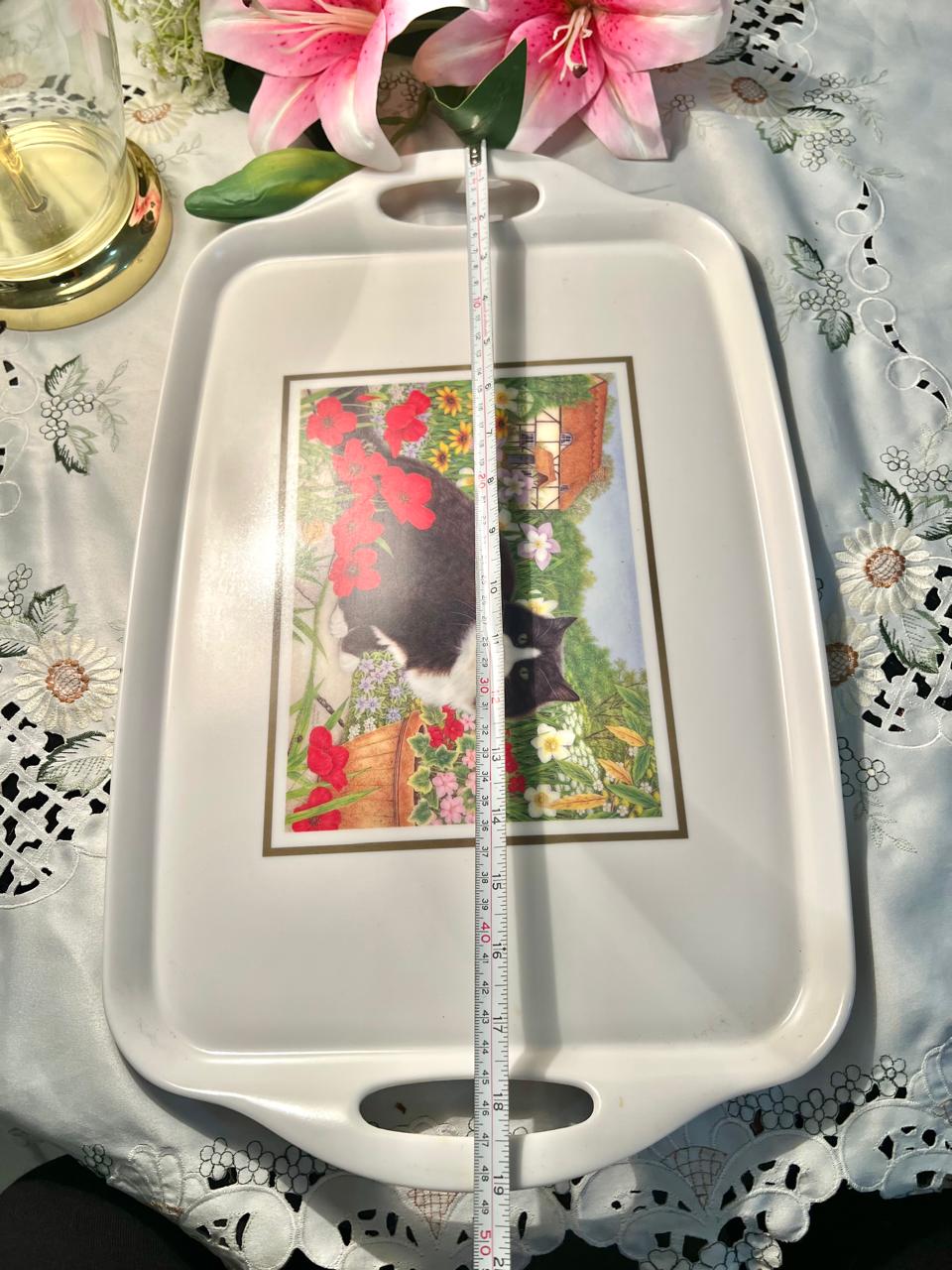 Cat & Floral Print Serving Tray – Approx. 49 cm