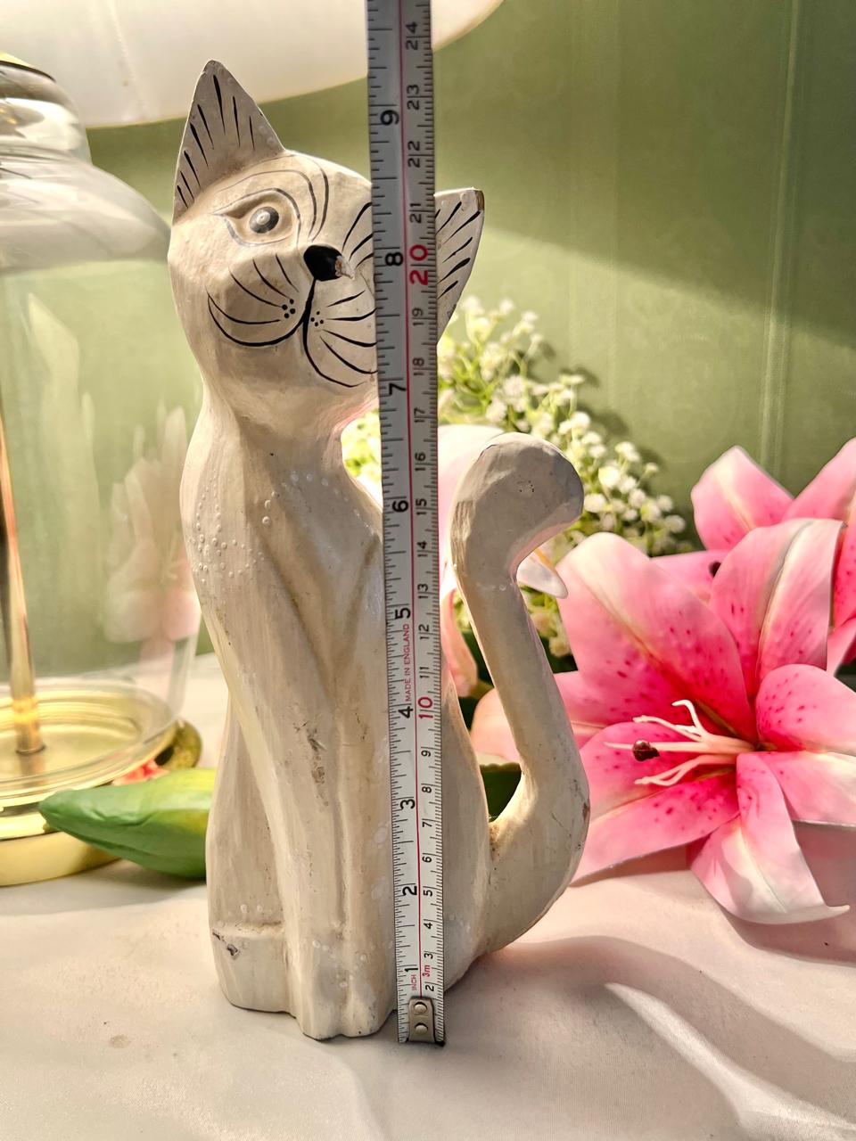 White Wooden Cat Figurine with Curled Tail 9"