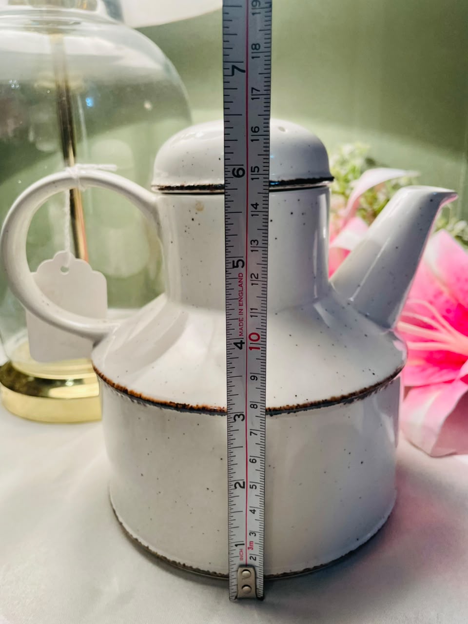 Vintage Speckled White Teapot with Lid, Approx. 6 in