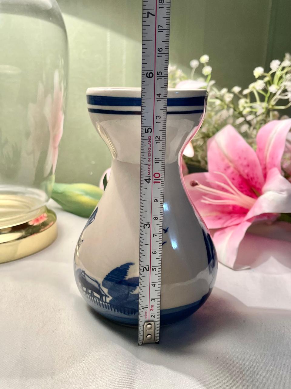 Vintage Blue & White Ceramic Sailboat Vase 14 cm