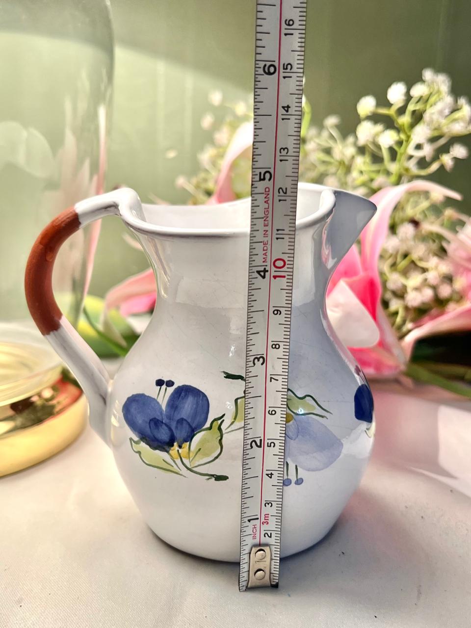 Signed Portugal Hand-Painted Blue Floral Ceramic Pitcher, Approx. 4.75 in