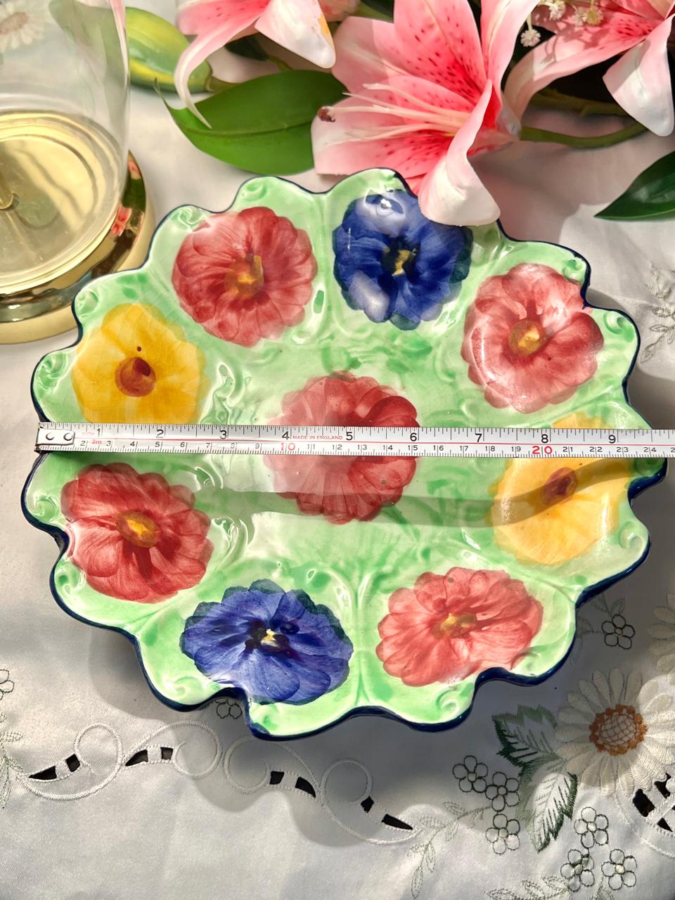 Hand Painted Scalloped Floral Ceramic Large Serving Bowl, Approx. 9.5 in