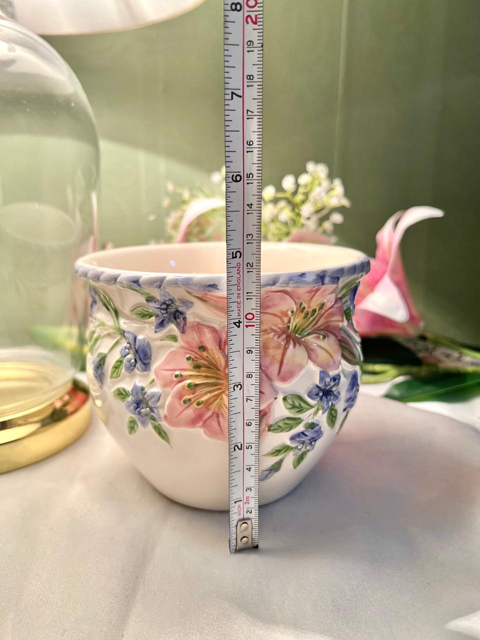 Hand Painted Floral Large Ceramic Planter, Pink & Blue, 1-Piece, Approx. 5 in