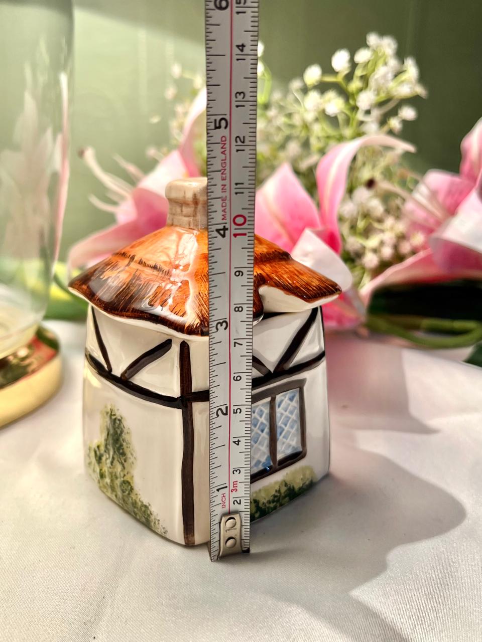 Hand Painted Cottage-Shaped Ceramic Lidded Jar, 2-Piece, Approx. 4.5 in
