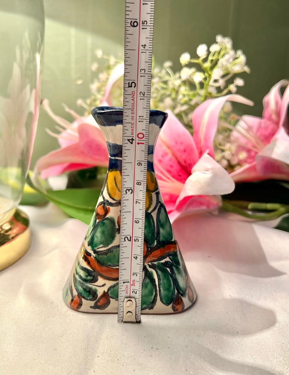 Hand Painted Mexico Floral Ceramic Bud Vase, Green Blue & Orange, Approx. 4.5 in