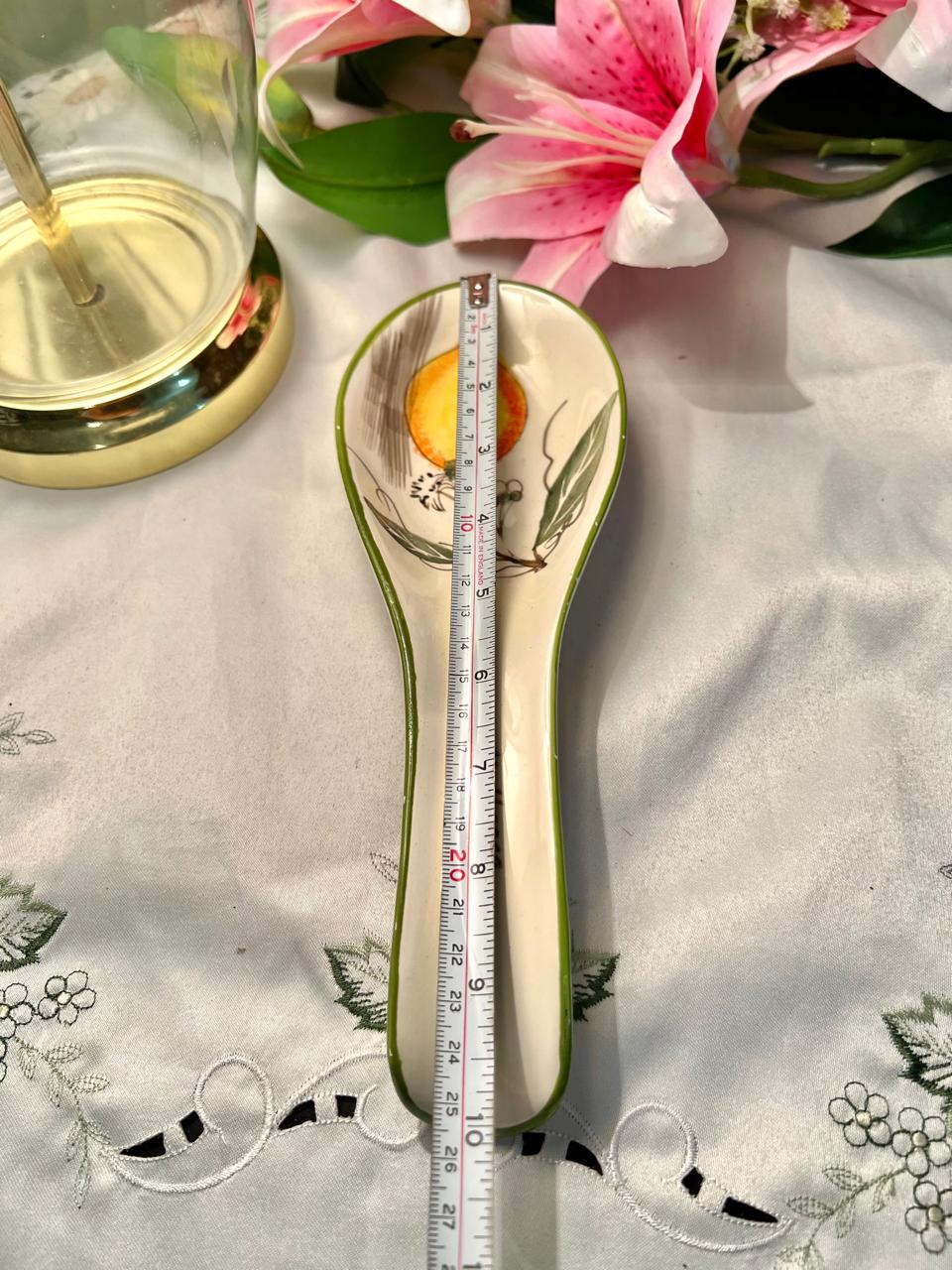 Hand Painted Botanical Ceramic Spoon Rest, Green & Orange, 1-Piece, 10 in