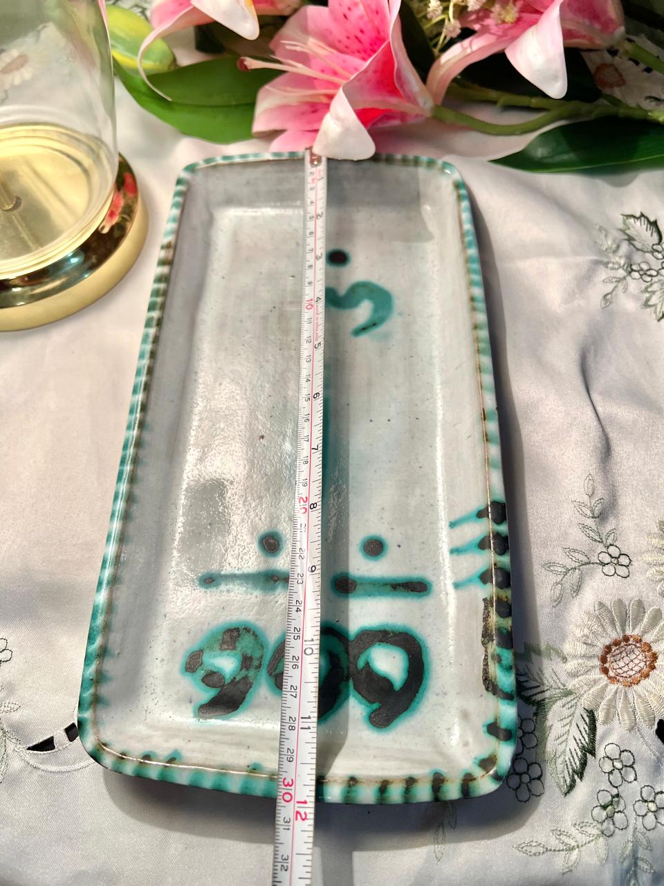Hand Painted Turquoise Abstract Ceramic Serving Tray, 1-Piece, 12 in