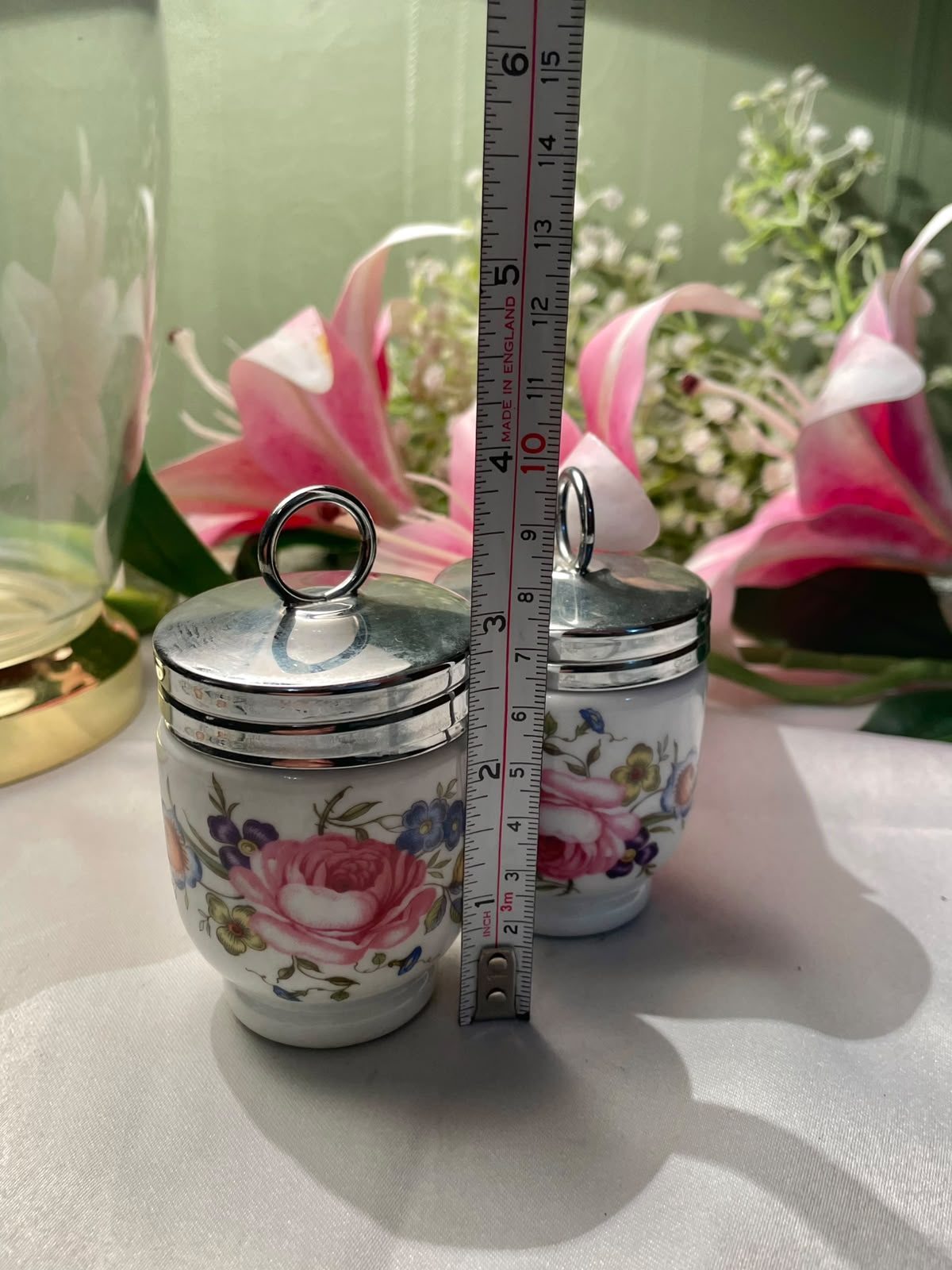 Floral Lidded Jar with Silver-Tone Lids (each)