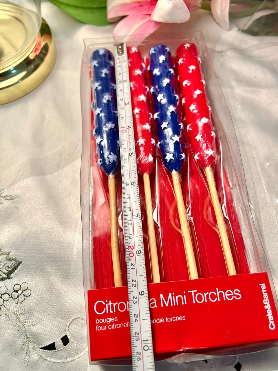 Crate & Barrel Set of 4 Citronella Mini Torch Candles – Red & Blue Star Design